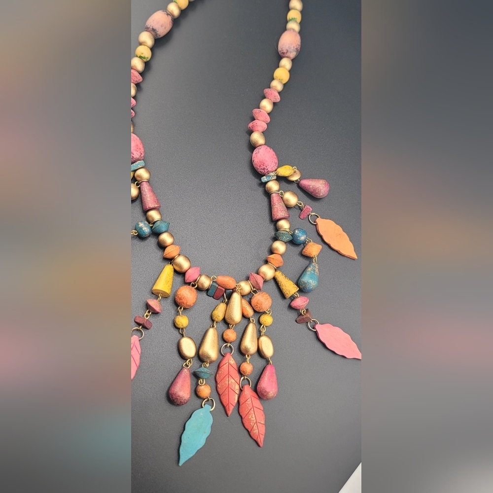 Wooden Colored Necklace Beaded  Retro Hippie Boho - Picture 7 of 7